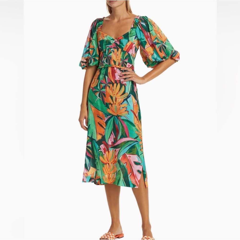 Farm Rio Banana Foliage Puffed Sleeve Dress
